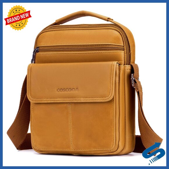 Genuine Leather Crossbody Messenger Bag with 8 Pockets for Travel